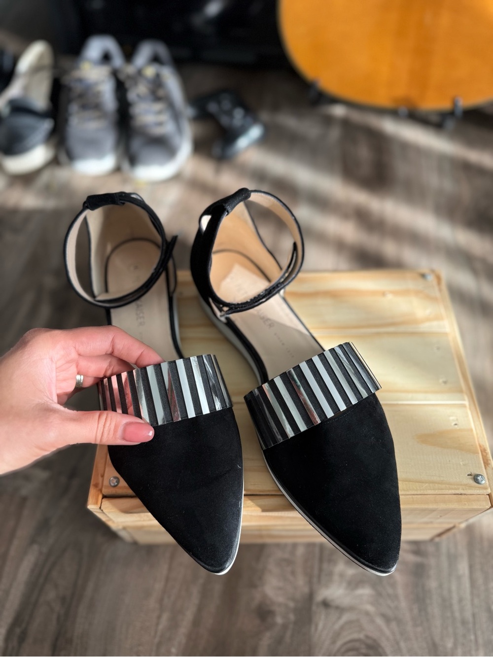 Peter Kaiser Black Suede Pointed Flats – Silver Bar & Ankle Strap – Sz 10